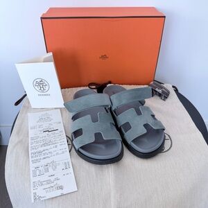 Hermes Chypre Techno Sandals Bleu Tonnerre Velvet Suede Goat Leather Size 35.5